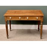 ANTIQUE PINE SIDE TABLE having twin front drawers with white ceramic knobs on turned tapering