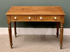 ANTIQUE PINE SIDE TABLE having twin front drawers with white ceramic knobs on turned tapering