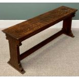 NARROW VINTAGE OAK BENCH of plain form with stretcher, 51cms H, 130cms L, 31cms D