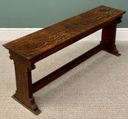 NARROW VINTAGE OAK BENCH of plain form with stretcher, 51cms H, 130cms L, 31cms D