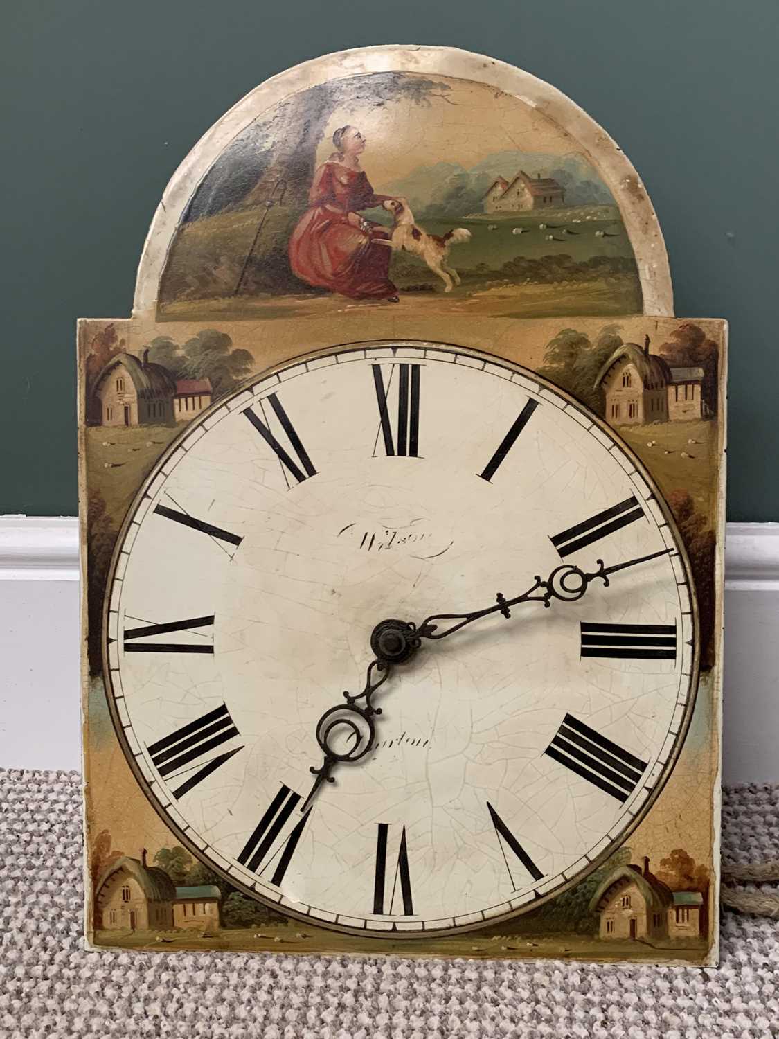 WILSON BARTON PAINTED ARCHED DIAL LONGCASE CLOCK before a single weight pendulum driven bell - Image 4 of 6