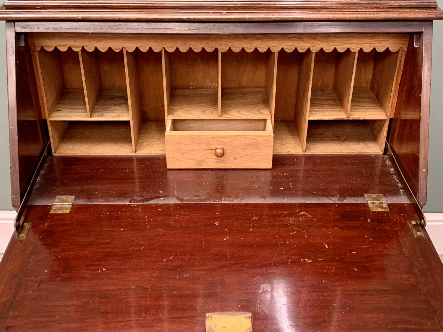 AN EDWARDIAN MAHOGANY BUREAU BOOKCASE having a twin door leaded-glass upper section over a fall - Image 9 of 12