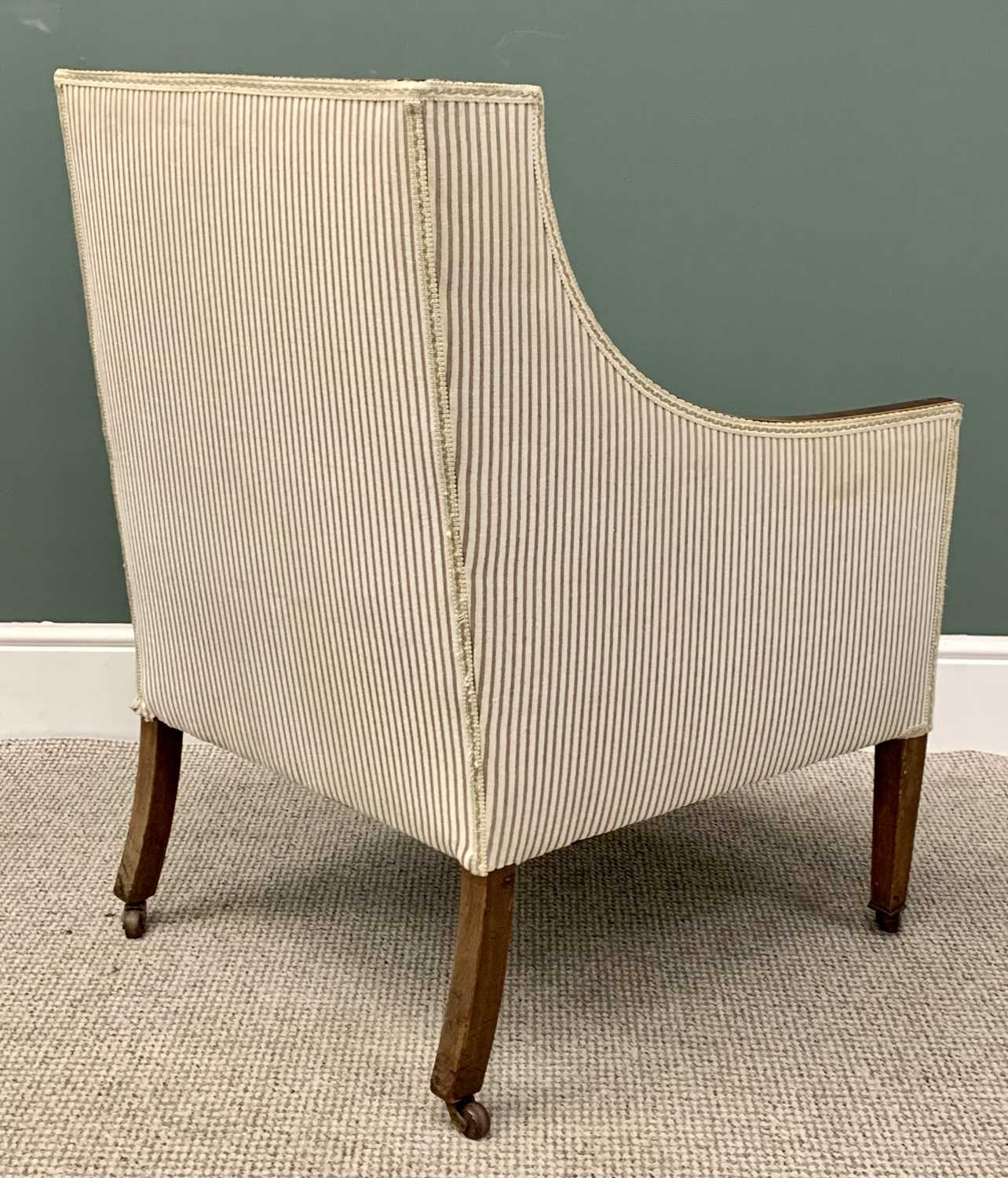 REGENCY-STYLE EDWARDIAN UPHOLSTERED EASY CHAIR in button back striped upholstery, on tapered front - Image 3 of 3