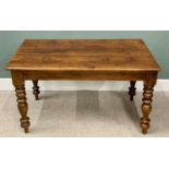 VICTORIAN STYLE PINE KITCHEN TABLE on turned supports, 74cms H, 130cms L, 75cms W