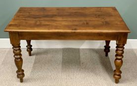 VICTORIAN STYLE PINE KITCHEN TABLE on turned supports, 74cms H, 130cms L, 75cms W