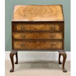 BURR WALNUT BUREAU sloped fall above three drawers, on carved cabriole supports, 100cms H x 76cms W,