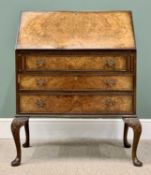 BURR WALNUT BUREAU sloped fall above three drawers, on carved cabriole supports, 100cms H x 76cms W,