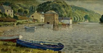 ROY STRINGFELLOW oil on board - buildings and boats at water's edge, signed 38.5 x 74cms