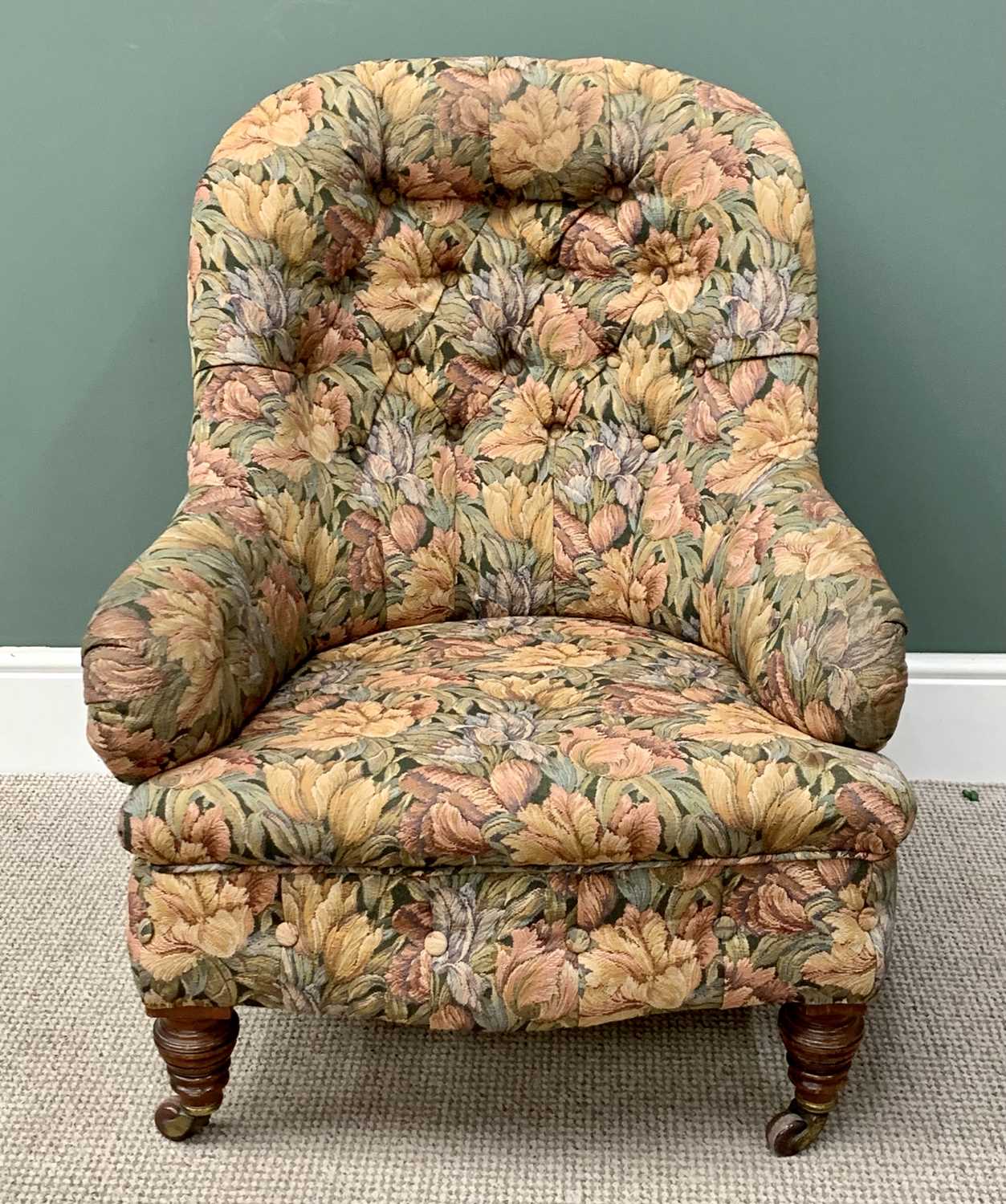 EDWARDIAN BUTTON BACK UPHOLSTERED TUB ARMCHAIR in floral upholstery, on turned front supports and - Image 2 of 3