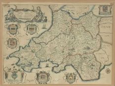 RICHARD BLOME circa 1673 antiquarian map 'A Generall Mapp of South Wales', coloured and tinted, 45.5
