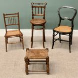 THREE CHAIRS & STOOL comprises a child's bentwood highchair, two cane seated chairs and a string