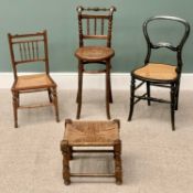 THREE CHAIRS & STOOL comprises a child's bentwood highchair, two cane seated chairs and a string