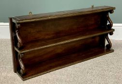 ANTIQUE MAHOGANY WALL RACK/BOOKSHELF with scroll supports to the sides, 38cms H, 83cms W, 11cms D