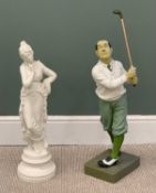 TWO FIGURINES being a plaster model of a Classical maiden, 87cms H, a painted golfer in Edwardian