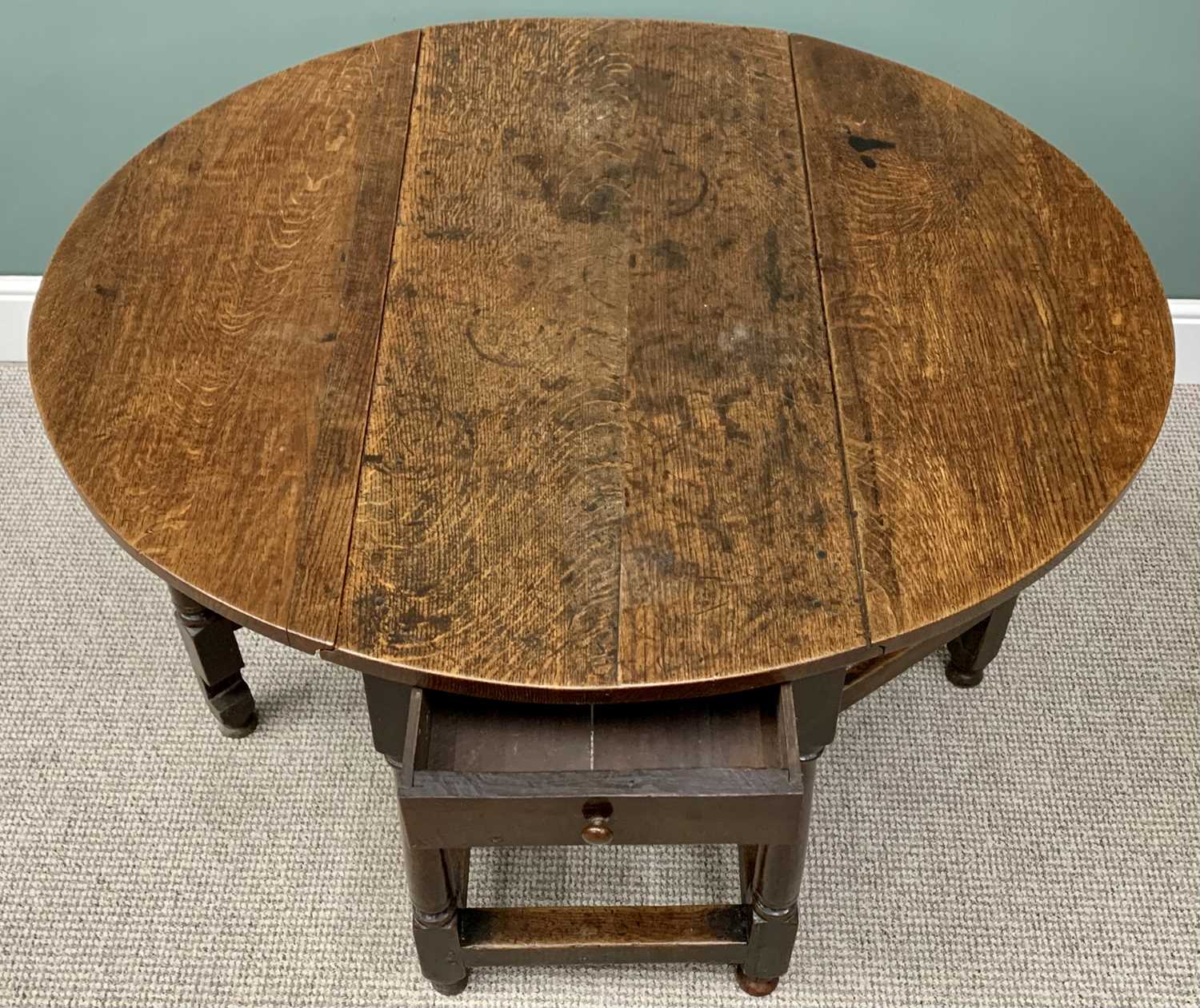 19TH CENTURY OAK GATELEG TABLE circa 1840, with single end drawer, on turned and block supports, - Image 3 of 3