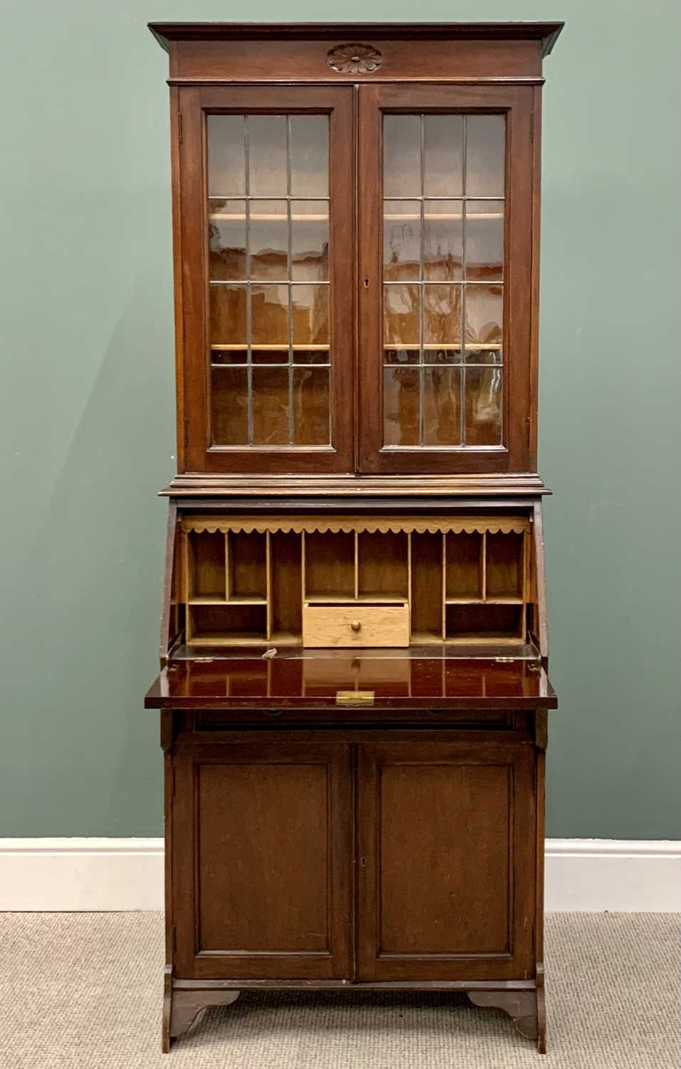 AN EDWARDIAN MAHOGANY BUREAU BOOKCASE having a twin door leaded-glass upper section over a fall - Image 7 of 12