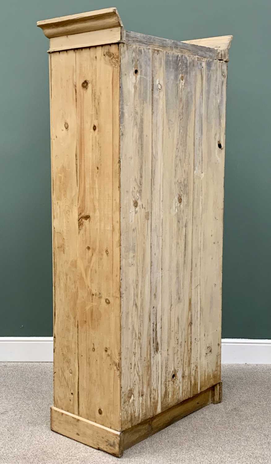 ANTIQUE STRIPPED PINE SINGLE DOOR WARDROBE, with base drawer on a plinth base, 208cms H, 85cms W, - Image 3 of 3