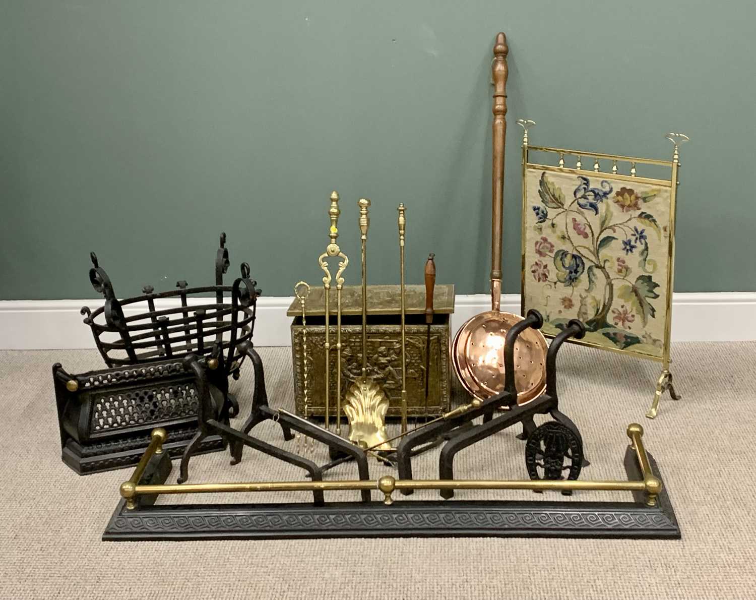 FIREPLACE FURNITURE to include two pairs of substantial iron fire dogs, fire basket, cast iron/brass