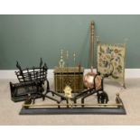 FIREPLACE FURNITURE to include two pairs of substantial iron fire dogs, fire basket, cast iron/brass