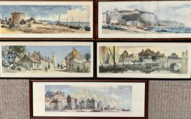 JACK MERRIOTT RI series of five prints - vintage English coastal scenes, all 58.5 x 19cms
