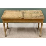 VINTAGE SCHOOL DOUBLE DESK with lift-up tops and inkwell holes, 64cms H, 102cms W, 46cms D