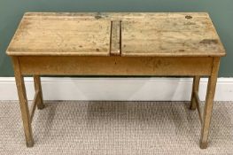 VINTAGE SCHOOL DOUBLE DESK with lift-up tops and inkwell holes, 64cms H, 102cms W, 46cms D