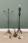 VINTAGE LIGHTING GROUP comprising two wrought iron standard lamps / candleholders, and a brass