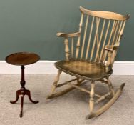 RUSTIC WINDSOR ARMCHAIR STYLE ROCKING CHAIR 86cms H, 63cms W, 45cms D, and a mahogany tripod wine