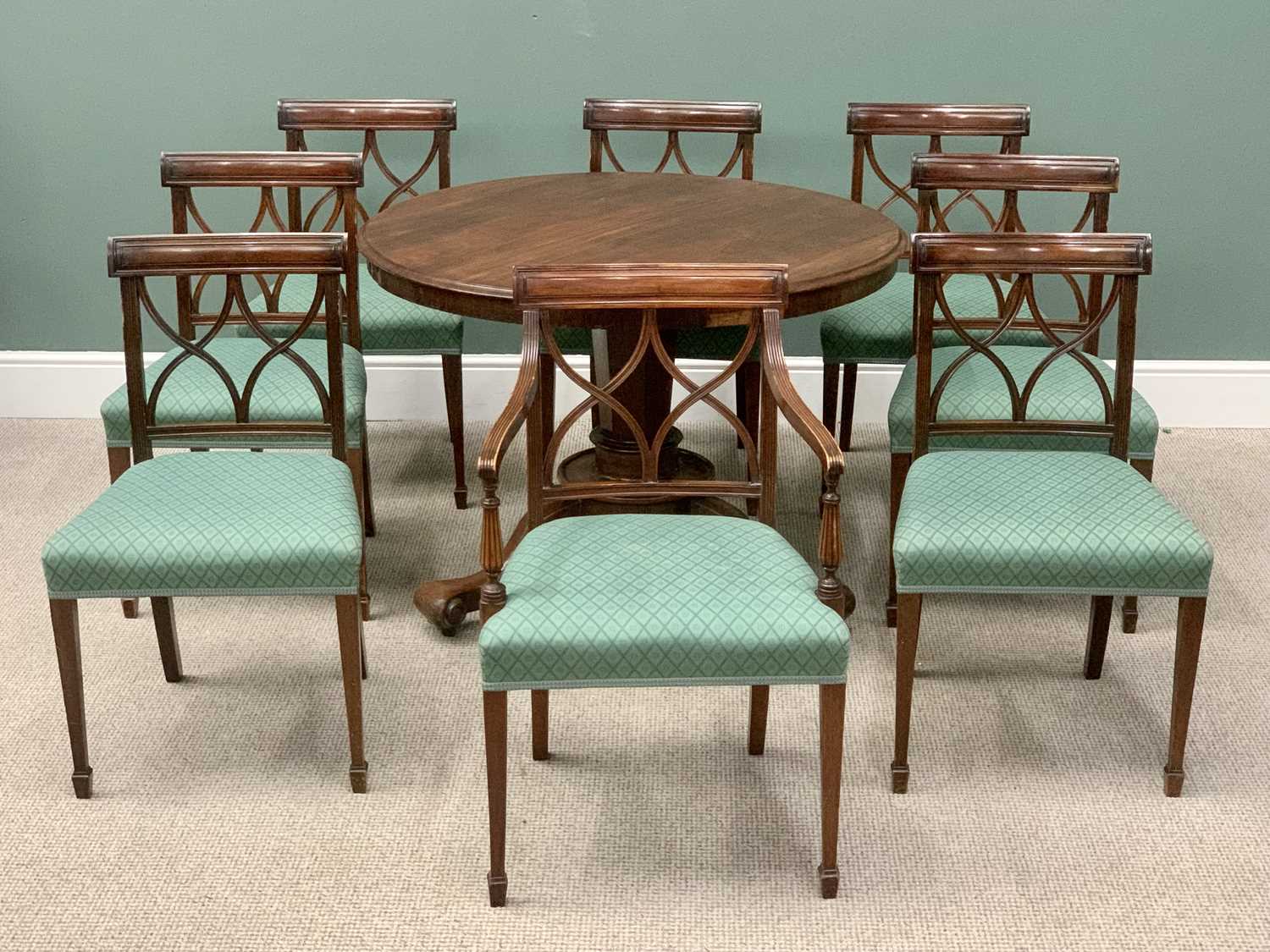 ANTIQUE MAHOGANY DINING SUITE comprising circular tilt top table on a tripod base, 78cms H, 105cms