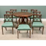 ANTIQUE MAHOGANY DINING SUITE comprising circular tilt top table on a tripod base, 78cms H, 105cms