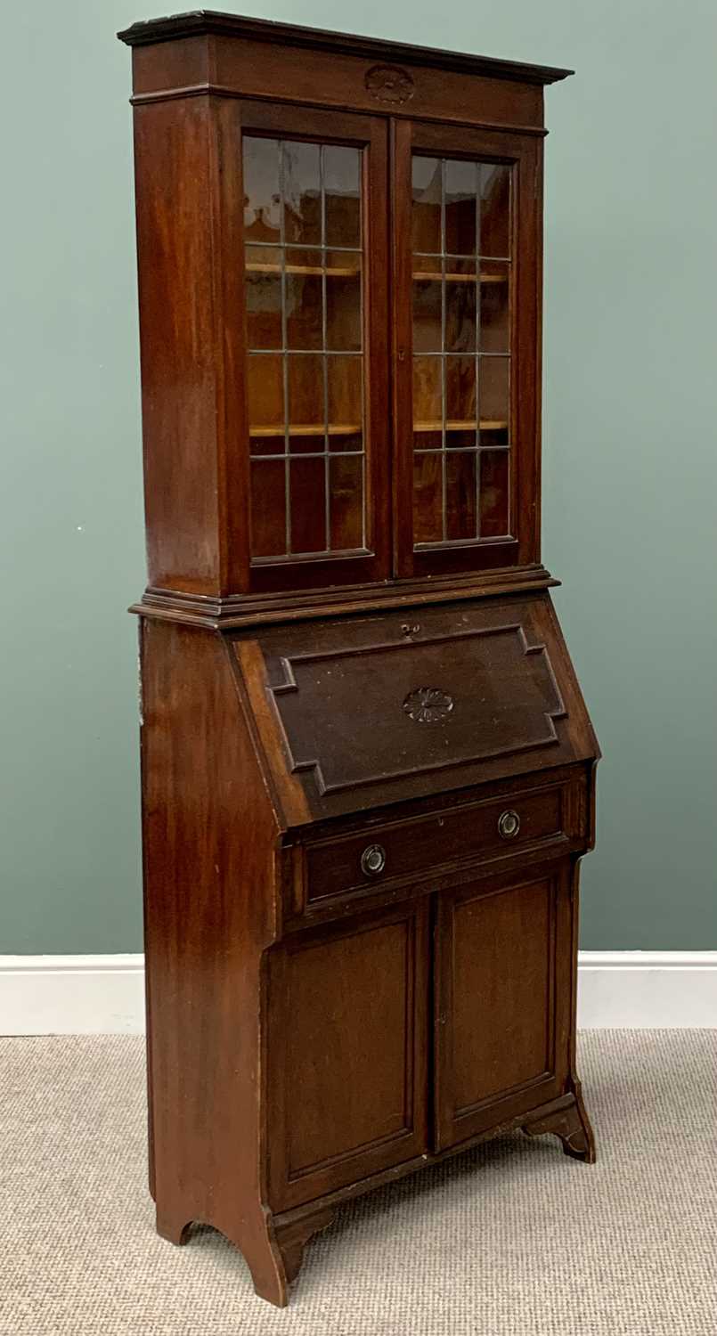AN EDWARDIAN MAHOGANY BUREAU BOOKCASE having a twin door leaded-glass upper section over a fall - Image 5 of 12