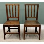 NEAR PAIR OF ANTIQUE OAK FARMHOUSE CHAIRS with slatted backs, 92cms H, 40cms W, 35cms D