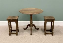 MAHOGANY TRIPOD TABLE & PAIR OF STOOLS the tripod table with pie-crust top,71cms H, 77cms diam., the