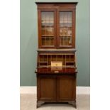 AN EDWARDIAN MAHOGANY BUREAU BOOKCASE having a twin door leaded-glass upper section over a fall