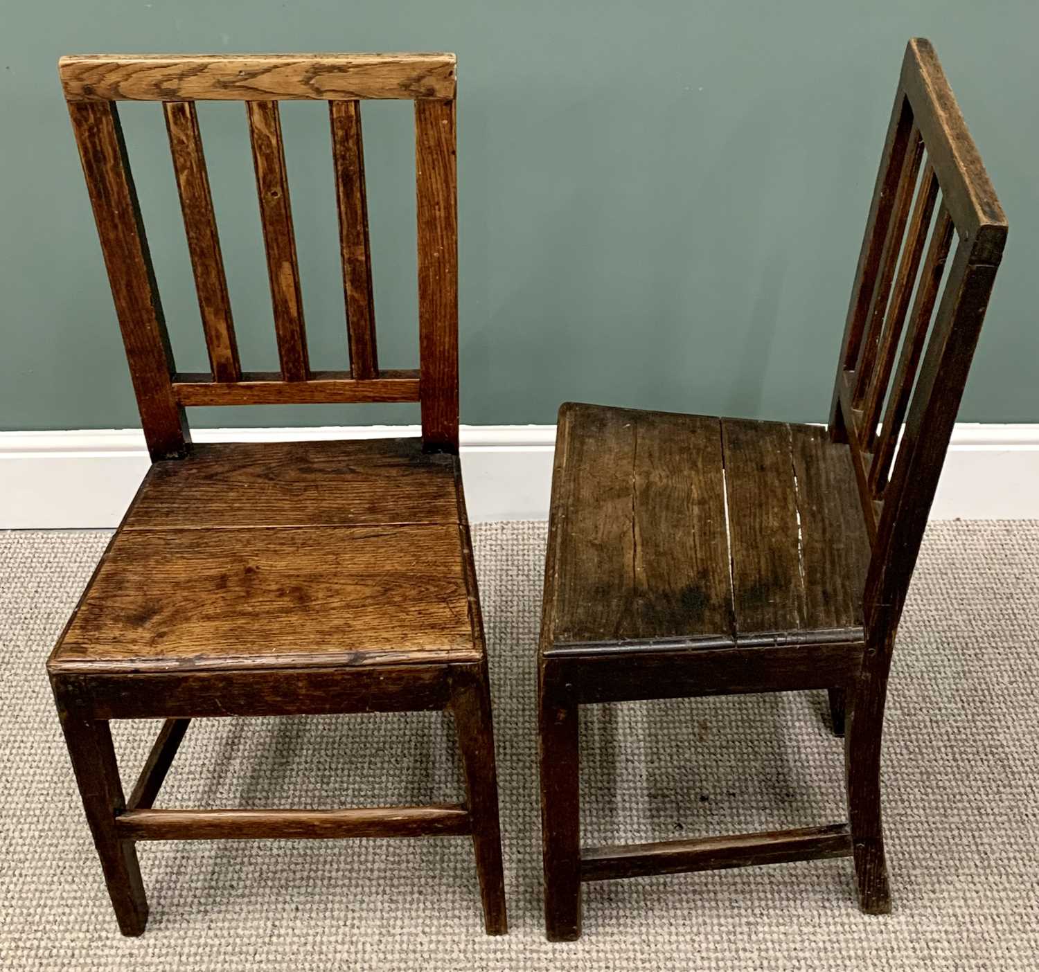 NEAR PAIR OF ANTIQUE OAK FARMHOUSE CHAIRS with slatted backs, 92cms H, 40cms W, 35cms D - Image 2 of 2