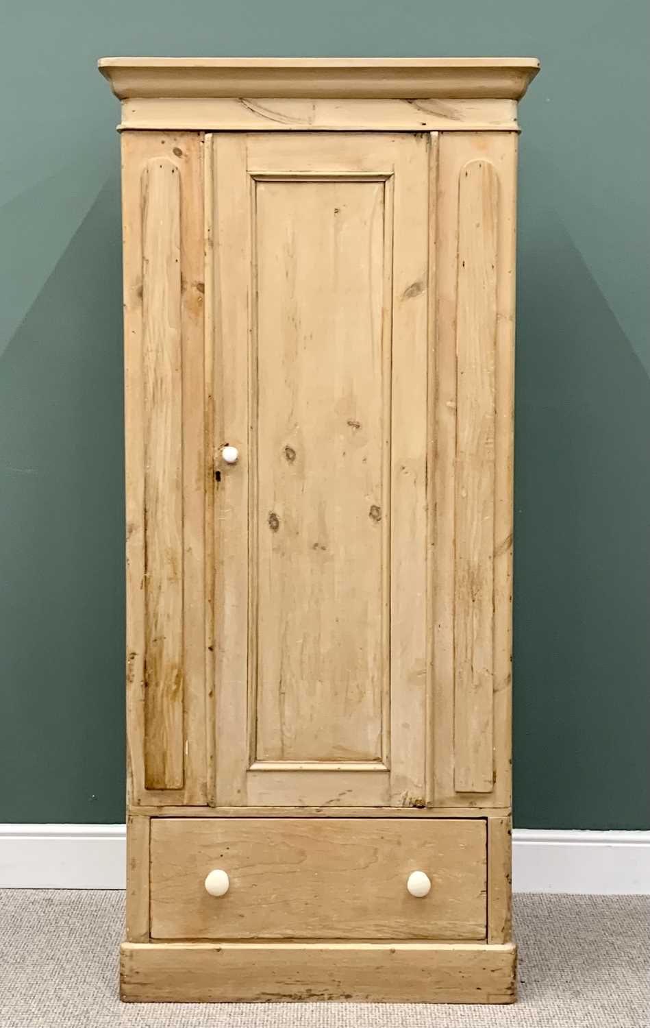 ANTIQUE STRIPPED PINE SINGLE DOOR WARDROBE, with base drawer on a plinth base, 208cms H, 85cms W,