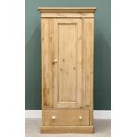 ANTIQUE STRIPPED PINE SINGLE DOOR WARDROBE, with base drawer on a plinth base, 208cms H, 85cms W,