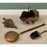 FIRESIDE COPPERS including helmet shape coal scuttle with scoop, bellows and a long handle warming