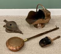 FIRESIDE COPPERS including helmet shape coal scuttle with scoop, bellows and a long handle warming