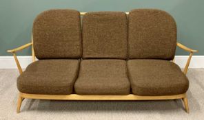 MID-CENTURY ERCOL LIGHTWOOD THREE-SEATER COUCH with spindle back and six cushions, 77cms H, 179cms