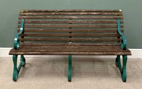 GARDEN BENCH with wooden slats, painted metal scrolled arm supports, 92cms H, 168cms W, 75cms D
