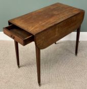 GEORGIAN MAHOGANY PEMBROKE TABLE having twin flap with single drawer on tapered supports and brass