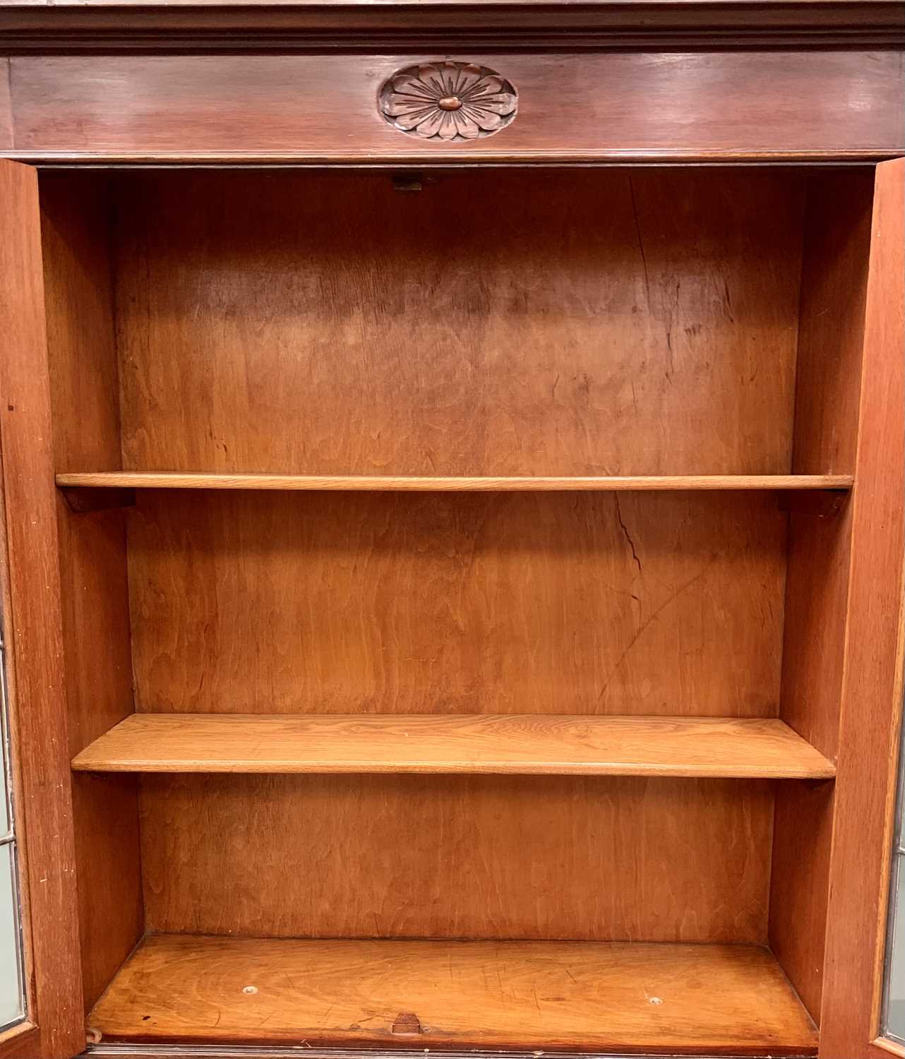 AN EDWARDIAN MAHOGANY BUREAU BOOKCASE having a twin door leaded-glass upper section over a fall - Image 2 of 12