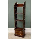 NARROW REPRODUCTION MAHOGANY BOOKCASE having three shelves, two base drawers, fretwork sides, 112cms