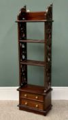 NARROW REPRODUCTION MAHOGANY BOOKCASE having three shelves, two base drawers, fretwork sides, 112cms