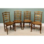 SET OF FOUR GOOD FARMHOUSE LADDERBACK CHAIRS having solid seats on turned supports and front