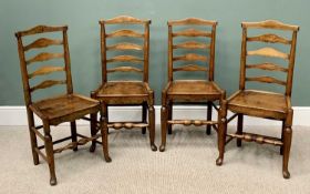 SET OF FOUR GOOD FARMHOUSE LADDERBACK CHAIRS having solid seats on turned supports and front