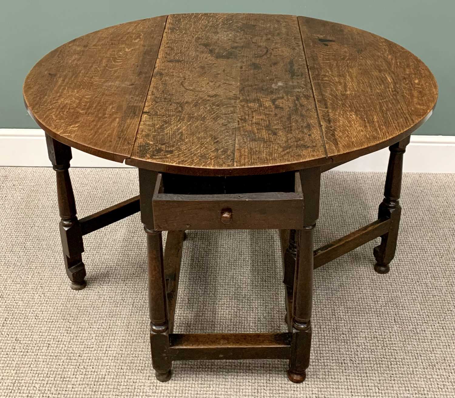 19TH CENTURY OAK GATELEG TABLE circa 1840, with single end drawer, on turned and block supports, - Image 2 of 3