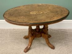 INLAID BURR WALNUT OVAL TOP COFFEE TABLE on a quad column base, 55cms H, 85cms L, 51cms W