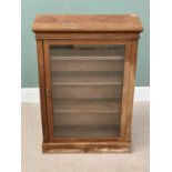 GLAZED SINGLE DOOR VICTORIAN MAHOGANY SIDE CABINET with interior shelves, 109cms H, 76cms W, 31cms